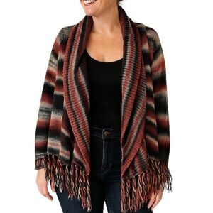 Earthbound Large Cardigan w/ Fringe Neutral Knitted Long Sleeve Asymmetr…